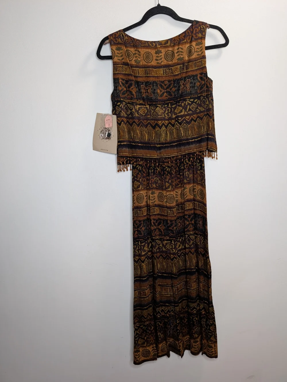 Earth Song Petite Boho Maxi Dress Brown Tribal Print Beaded Hem Size 2P - Picture 8 of 9
